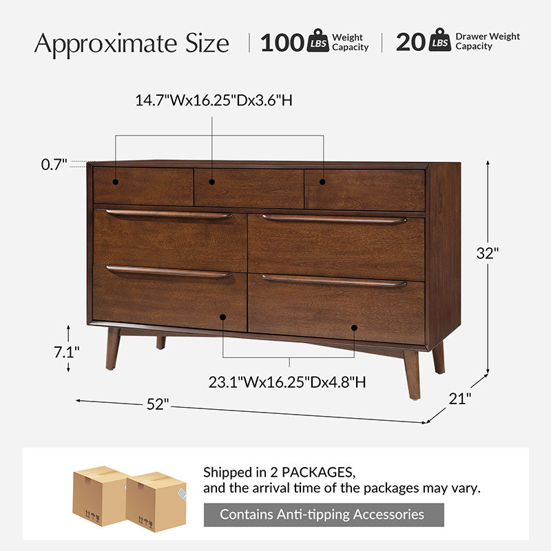 Commode 7 tiroirs de style Mid-Century avec pieds en bois d'hévéa massif, pieds réglables et mécanisme anti-basculement | Chêne clair / Noyer | Simple