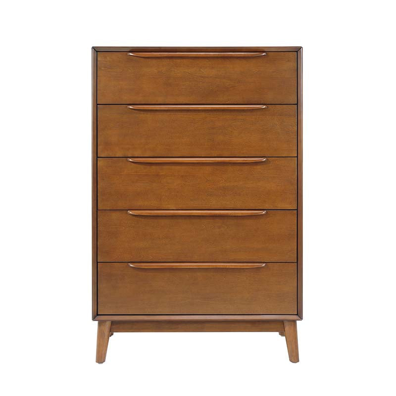 Commode à 5 tiroirs avec poignées en bois massif, pieds en hévéa et diviseurs de tiroir supérieur | Chêne clair / Noyer | Simple