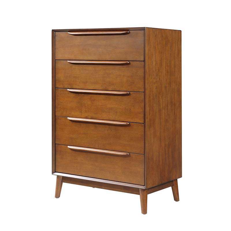 Commode à 5 tiroirs avec poignées en bois massif, pieds en hévéa et diviseurs de tiroir supérieur | Chêne clair / Noyer | Simple