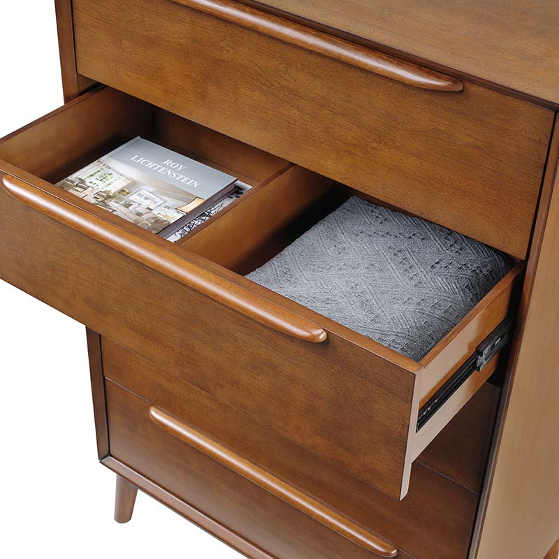 Commode à 5 tiroirs avec poignées en bois massif, pieds en hévéa et diviseurs de tiroir supérieur | Chêne clair / Noyer | Simple