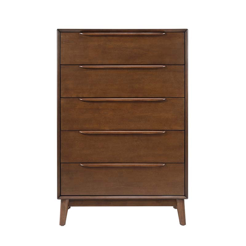 Commode à 5 tiroirs avec poignées en bois massif, pieds en hévéa et diviseurs de tiroir supérieur | Chêne clair / Noyer | Simple
