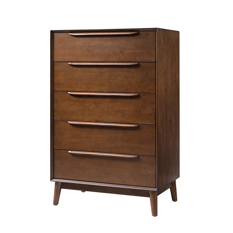 Commode à 5 tiroirs avec poignées en bois massif, pieds en hévéa et diviseurs de tiroir supérieur | Chêne clair / Noyer | Simple