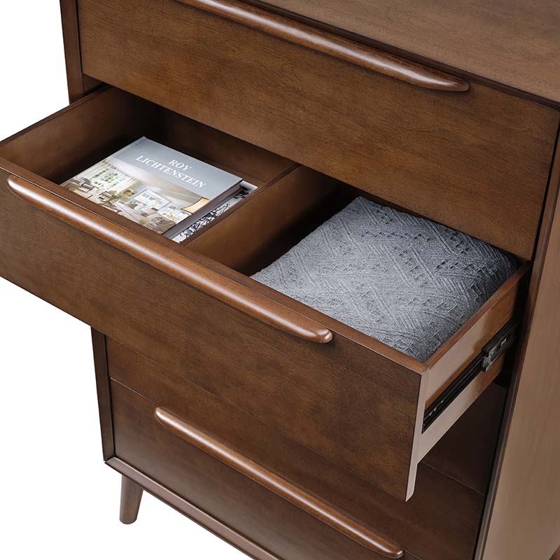 Commode à 5 tiroirs avec poignées en bois massif, pieds en hévéa et diviseurs de tiroir supérieur | Chêne clair / Noyer | Simple