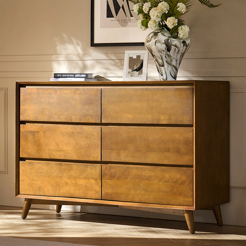 Commode 6 tiroirs avec séparations internes, glissières métalliques, pieds en bois d'hévéa et pieds réglables | Chêne / Noyer | Individuel