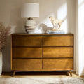 Commode 6 tiroirs avec séparations internes, glissières métalliques, pieds en bois d'hévéa et pieds réglables | Chêne / Noyer | Individuel