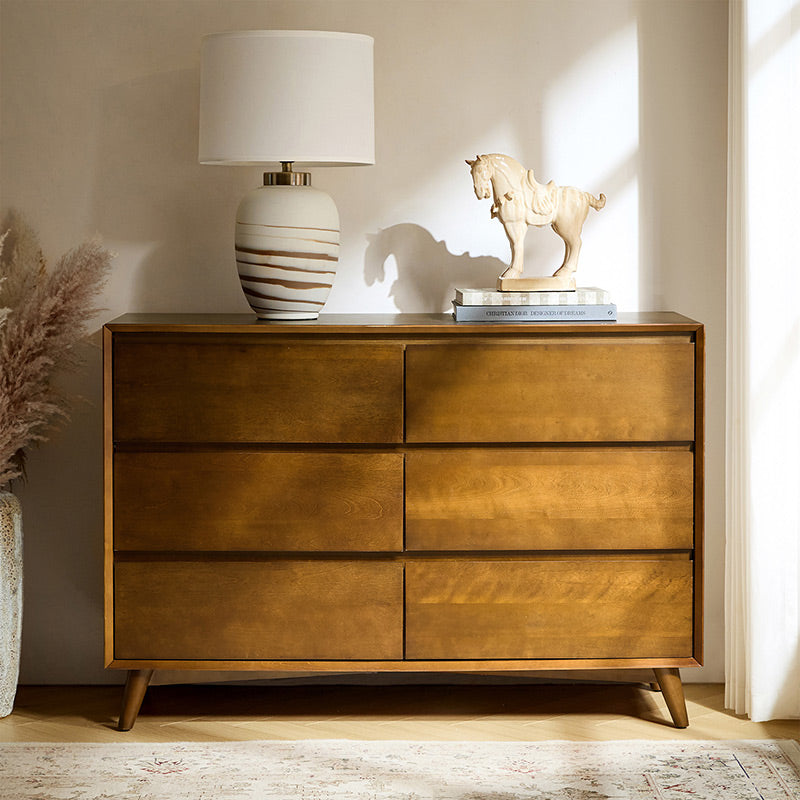 Commode 6 tiroirs avec séparations internes, glissières métalliques, pieds en bois d'hévéa et pieds réglables | Chêne / Noyer | Individuel