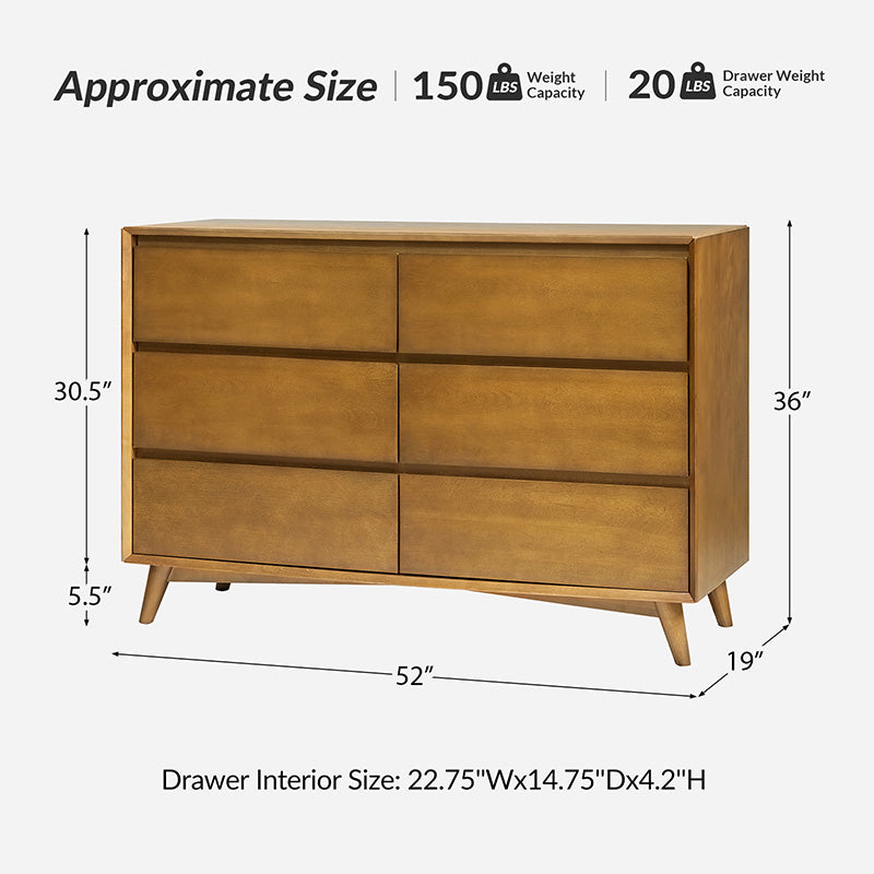 Commode 6 tiroirs avec séparations internes, glissières métalliques, pieds en bois d'hévéa et pieds réglables | Chêne / Noyer | Individuel