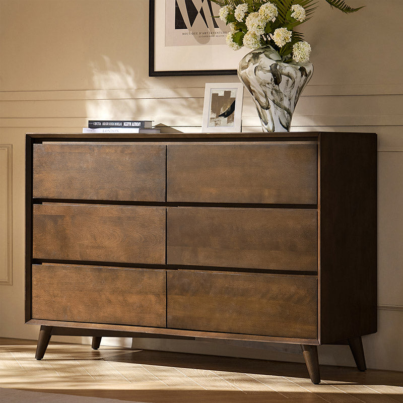 Commode 6 tiroirs avec séparations internes, glissières métalliques, pieds en bois d'hévéa et pieds réglables | Chêne / Noyer | Individuel