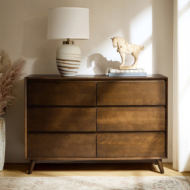 Commode 6 tiroirs avec séparations internes, glissières métalliques, pieds en bois d'hévéa et pieds réglables | Chêne / Noyer | Individuel