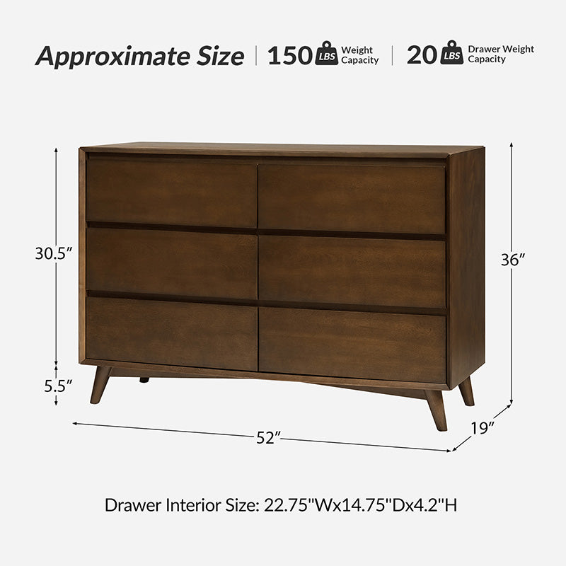 Commode 6 tiroirs avec séparations internes, glissières métalliques, pieds en bois d'hévéa et pieds réglables | Chêne / Noyer | Individuel
