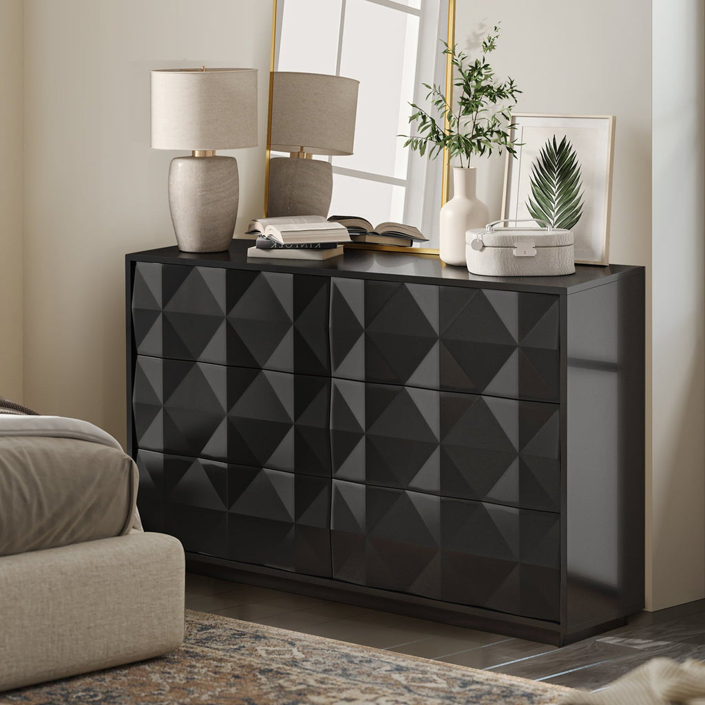 Commode à 8 tiroirs motif géométrique, 50 po, avec séparateurs internes, glissières en métal et pieds réglables | Noir / Bleu marine | Simple