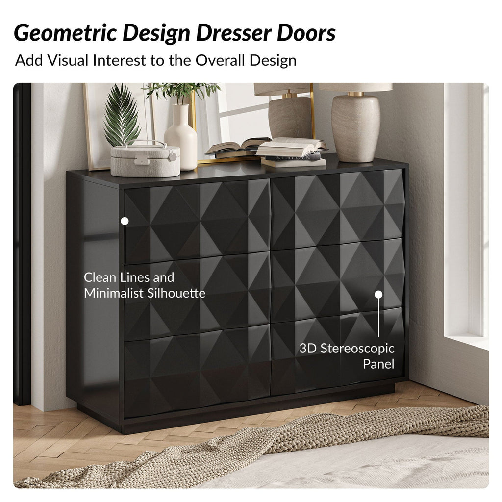 Commode à 8 tiroirs motif géométrique, 50 po, avec séparateurs internes, glissières en métal et pieds réglables | Noir / Bleu marine | Simple