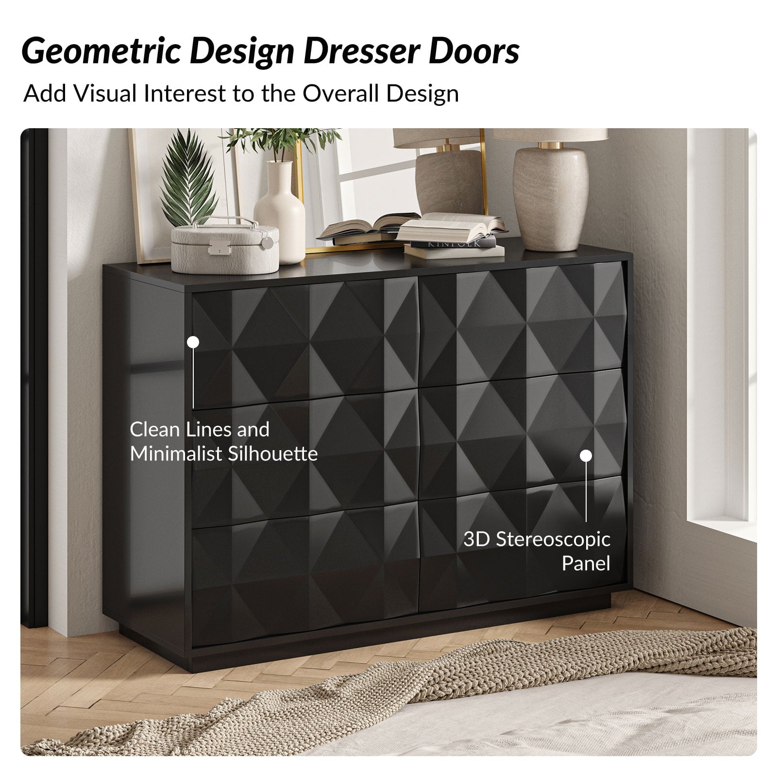 Commode à 8 tiroirs motif géométrique, 50 po, avec séparateurs internes, glissières en métal et pieds réglables | Noir / Bleu marine | Simple