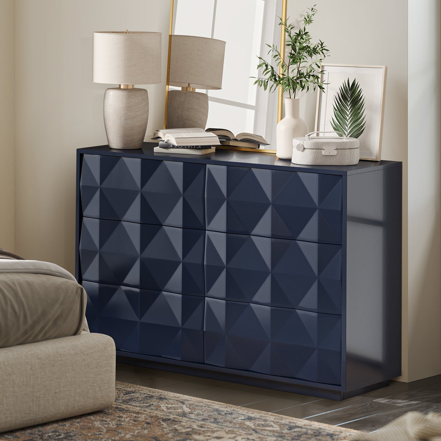 Commode à 8 tiroirs motif géométrique, 50 po, avec séparateurs internes, glissières en métal et pieds réglables | Noir / Bleu marine | Simple
