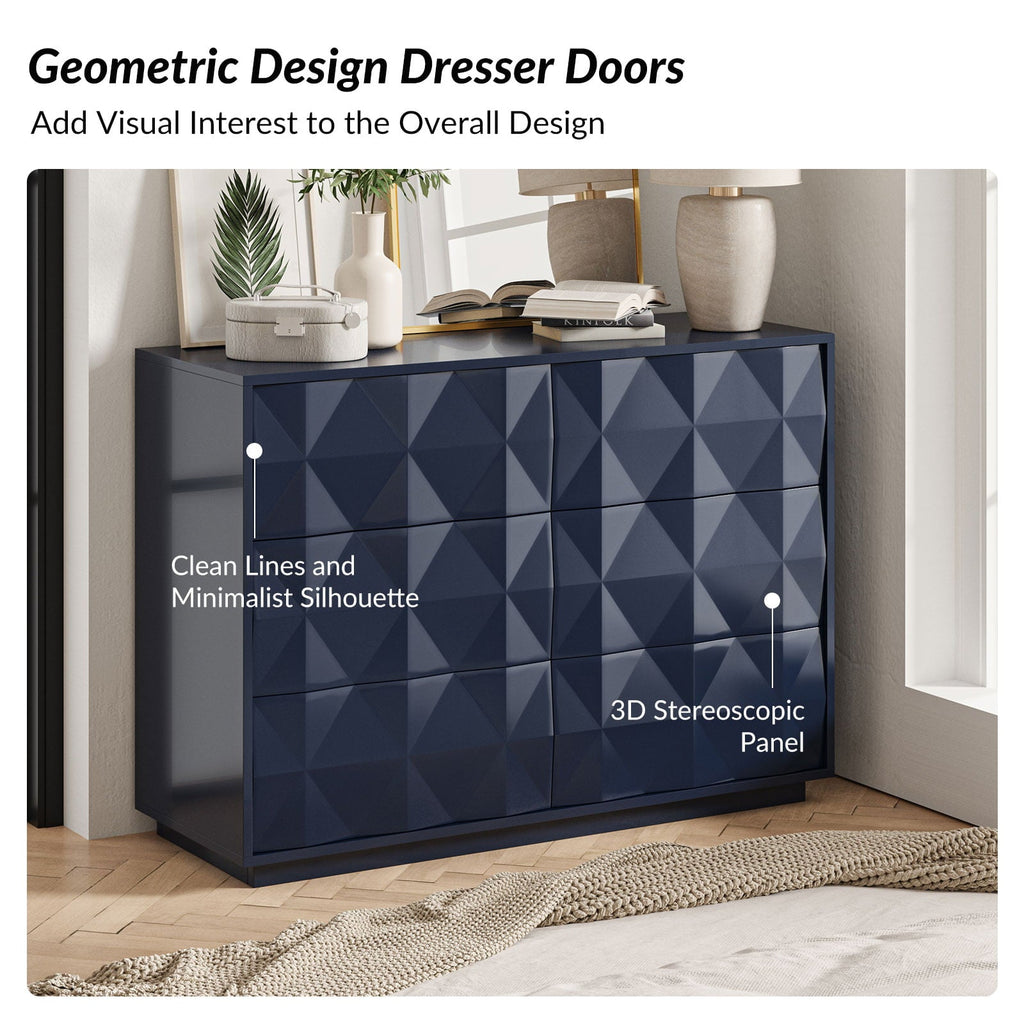 Commode à 8 tiroirs motif géométrique, 50 po, avec séparateurs internes, glissières en métal et pieds réglables | Noir / Bleu marine | Simple