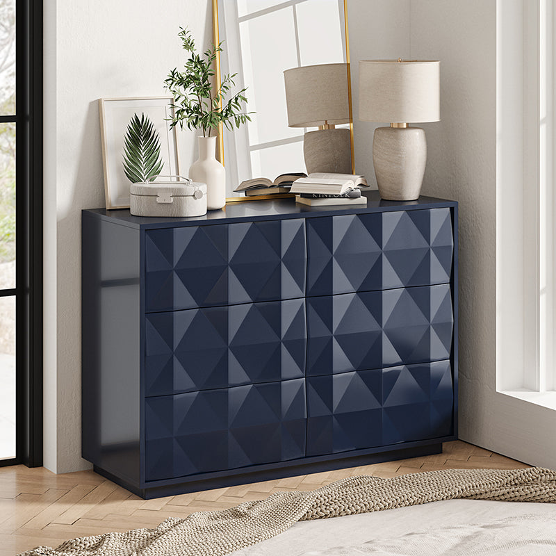 Commode à 8 tiroirs motif géométrique, 50 po, avec séparateurs internes, glissières en métal et pieds réglables | Noir / Bleu marine | Simple