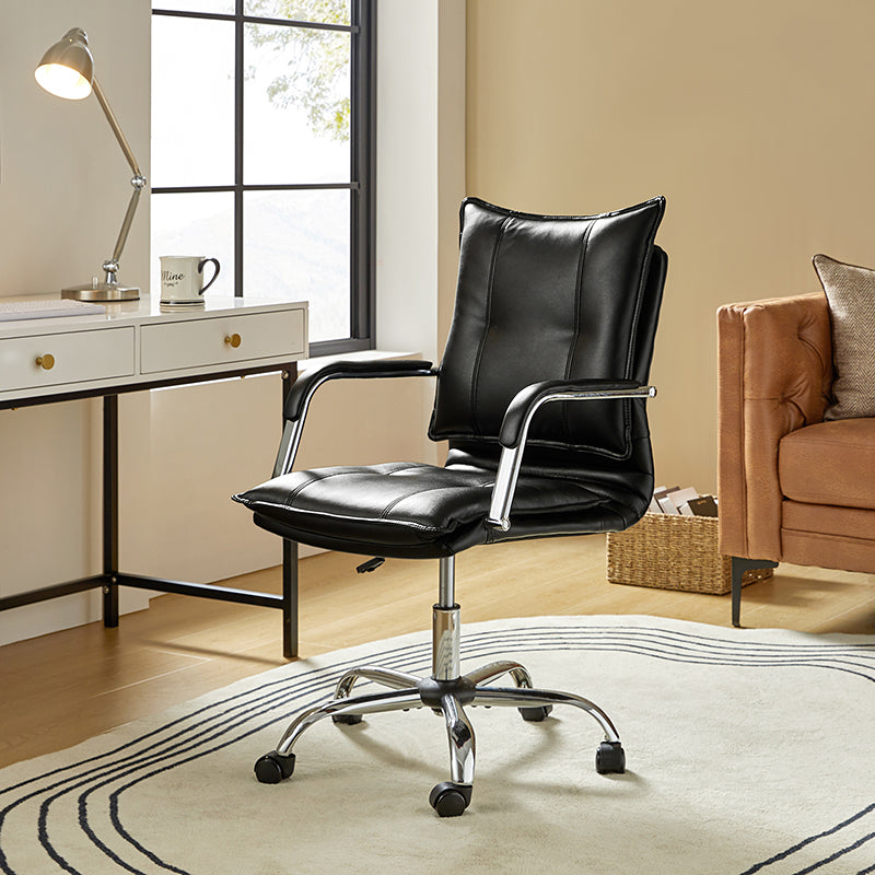 Chaise de bureau à dossier capitonné en cuir PU avec accoudoirs rembourrés, hauteur réglable et base pivotante à 5 roulettes | Marron / Gris / Noir / Sauge / Camel / Blanc | Siège unique