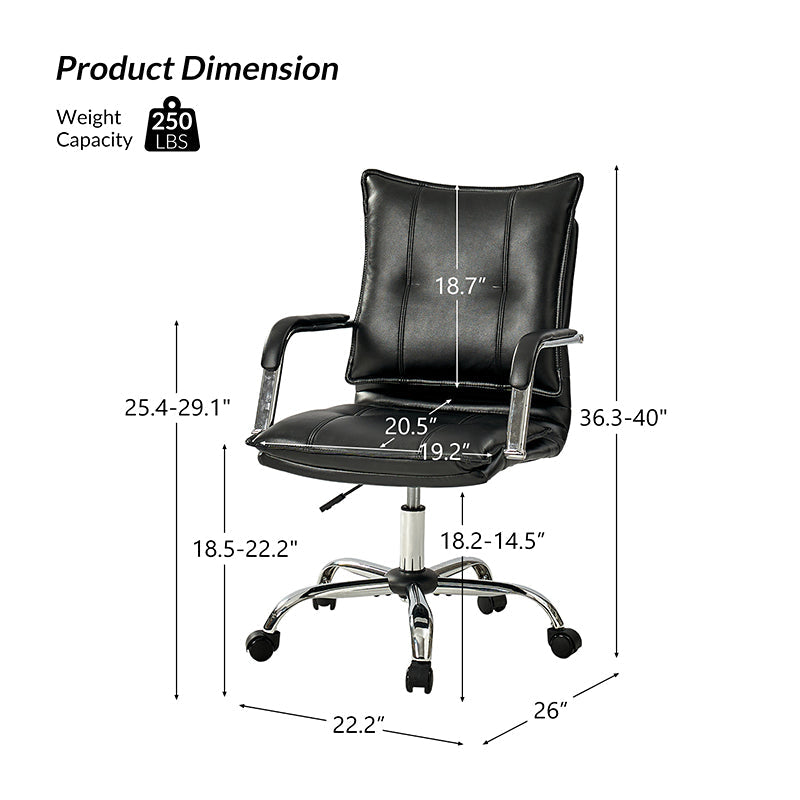 Chaise de bureau à dossier capitonné en cuir PU avec accoudoirs rembourrés, hauteur réglable et base pivotante à 5 roulettes | Marron / Gris / Noir / Sauge / Camel / Blanc | Siège unique