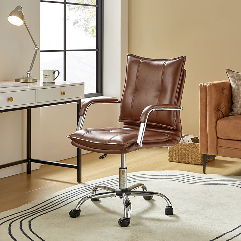 Chaise de bureau à dossier capitonné en cuir PU avec accoudoirs rembourrés, hauteur réglable et base pivotante à 5 roulettes | Marron / Gris / Noir / Sauge / Camel / Blanc | Siège unique