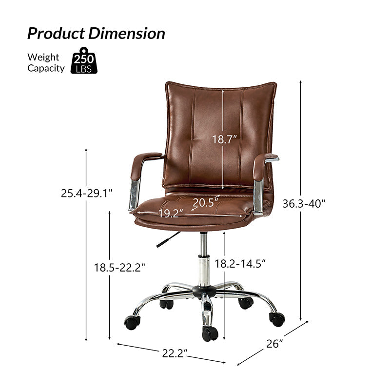 Chaise de bureau à dossier capitonné en cuir PU avec accoudoirs rembourrés, hauteur réglable et base pivotante à 5 roulettes | Marron / Gris / Noir / Sauge / Camel / Blanc | Siège unique