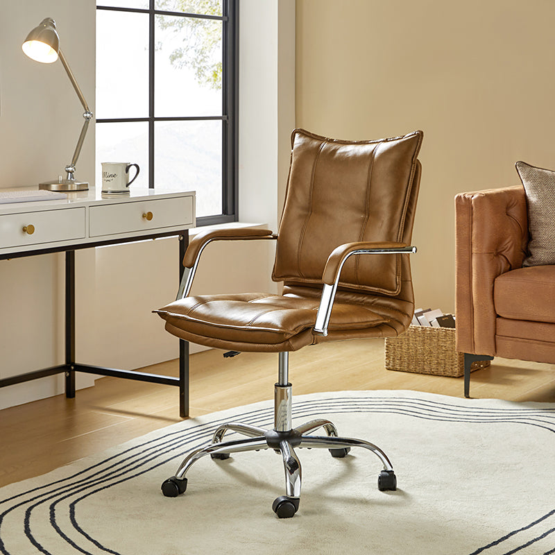 Chaise de bureau à dossier capitonné en cuir PU avec accoudoirs rembourrés, hauteur réglable et base pivotante à 5 roulettes | Marron / Gris / Noir / Sauge / Camel / Blanc | Siège unique