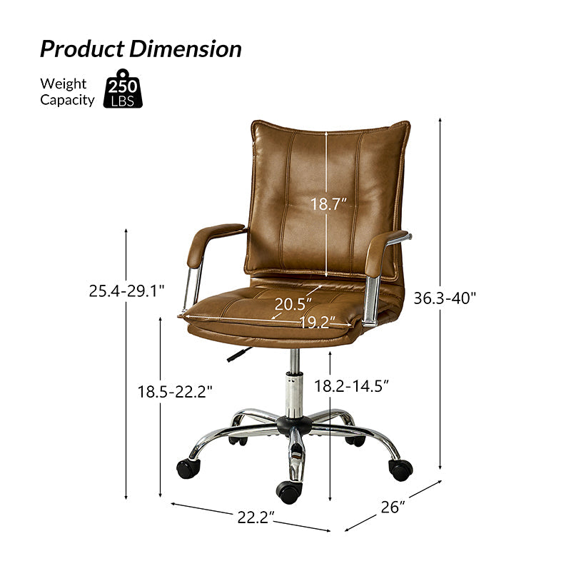 Chaise de bureau à dossier capitonné en cuir PU avec accoudoirs rembourrés, hauteur réglable et base pivotante à 5 roulettes | Marron / Gris / Noir / Sauge / Camel / Blanc | Siège unique