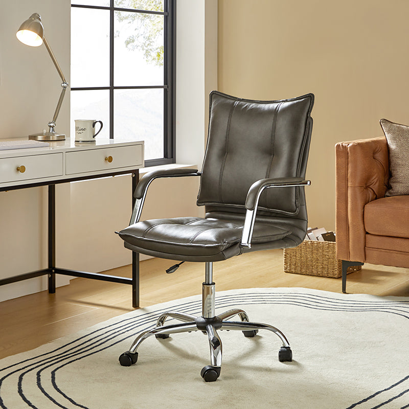 Chaise de bureau à dossier capitonné en cuir PU avec accoudoirs rembourrés, hauteur réglable et base pivotante à 5 roulettes | Marron / Gris / Noir / Sauge / Camel / Blanc | Siège unique