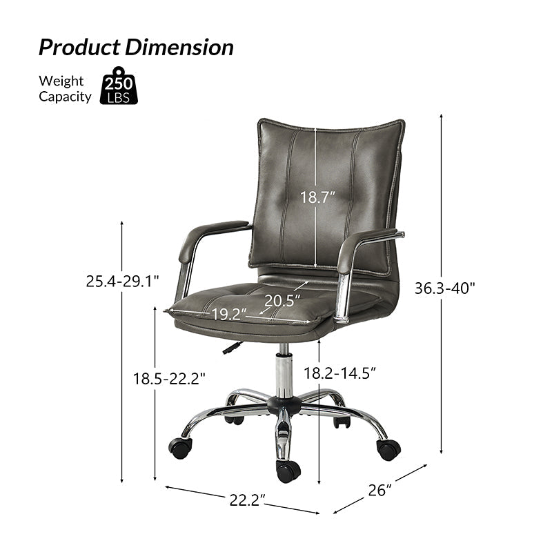Chaise de bureau à dossier capitonné en cuir PU avec accoudoirs rembourrés, hauteur réglable et base pivotante à 5 roulettes | Marron / Gris / Noir / Sauge / Camel / Blanc | Siège unique