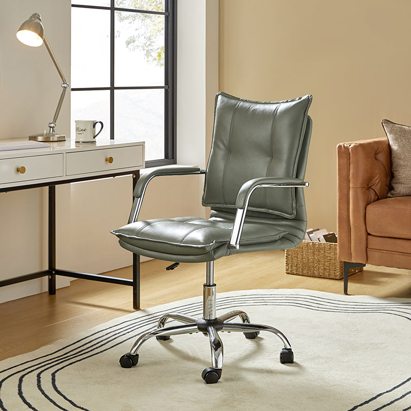 Chaise de bureau à dossier capitonné en cuir PU avec accoudoirs rembourrés, hauteur réglable et base pivotante à 5 roulettes | Marron / Gris / Noir / Sauge / Camel / Blanc | Siège unique