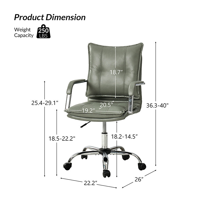 Chaise de bureau à dossier capitonné en cuir PU avec accoudoirs rembourrés, hauteur réglable et base pivotante à 5 roulettes | Marron / Gris / Noir / Sauge / Camel / Blanc | Siège unique