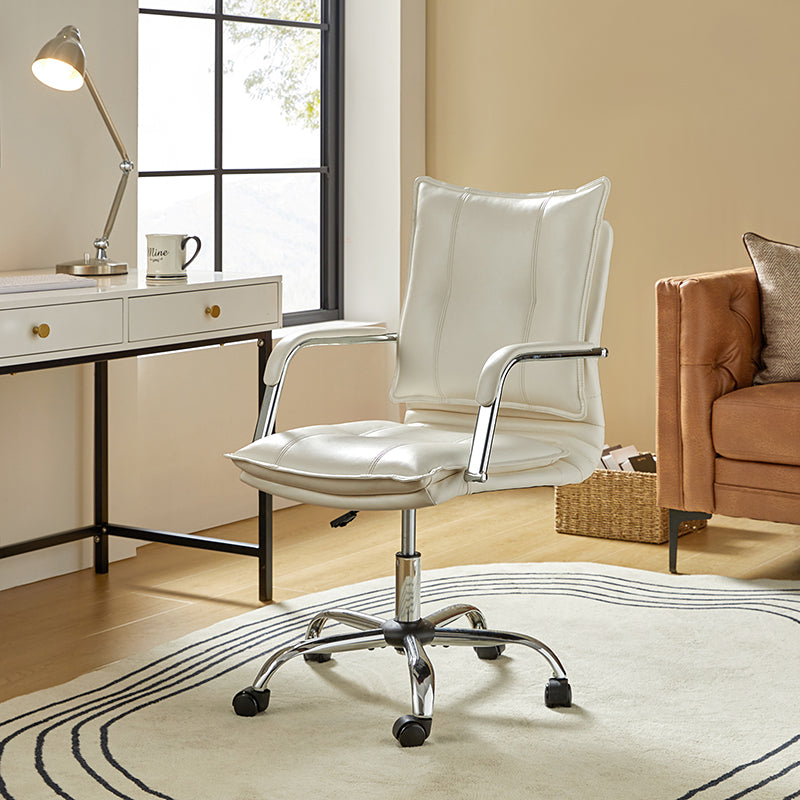 Chaise de bureau à dossier capitonné en cuir PU avec accoudoirs rembourrés, hauteur réglable et base pivotante à 5 roulettes | Marron / Gris / Noir / Sauge / Camel / Blanc | Siège unique