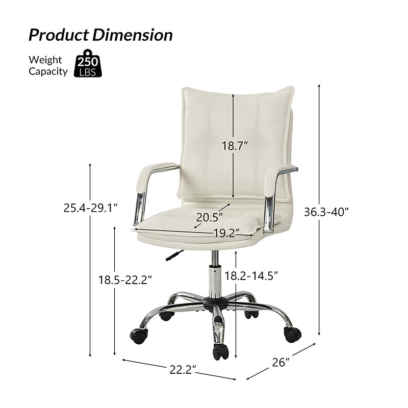Chaise de bureau à dossier capitonné en cuir PU avec accoudoirs rembourrés, hauteur réglable et base pivotante à 5 roulettes | Marron / Gris / Noir / Sauge / Camel / Blanc | Siège unique