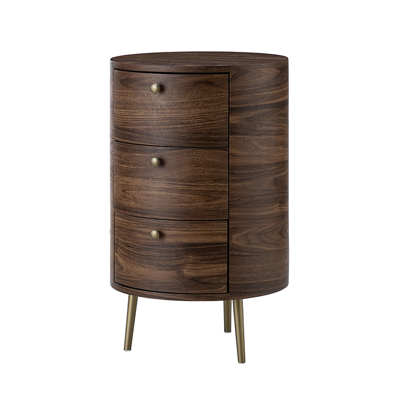 Table d'appoint ronde à 3 tiroirs Tall Drum avec finition en mélamine et pieds en métal coniques dorés | Noyer / Gris | Unique