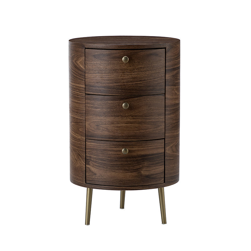 Table d'appoint ronde à 3 tiroirs Tall Drum avec finition en mélamine et pieds en métal coniques dorés | Noyer / Gris | Unique