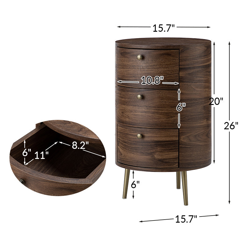 Table d'appoint ronde à 3 tiroirs Tall Drum avec finition en mélamine et pieds en métal coniques dorés | Noyer / Gris | Unique