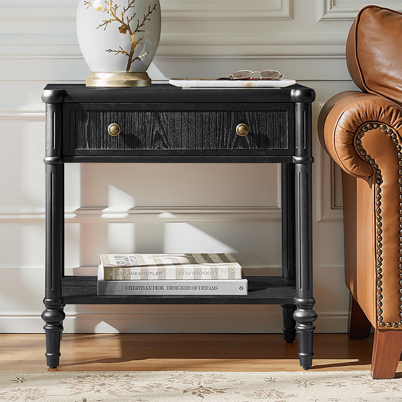 Table de chevet et d'appoint à tiroirs cannelés avec prises USB/Type-C intégrées et pieds en bois massif tournés | Noyer / Noir / Marron | 1 tiroir ou 3 tiroirs