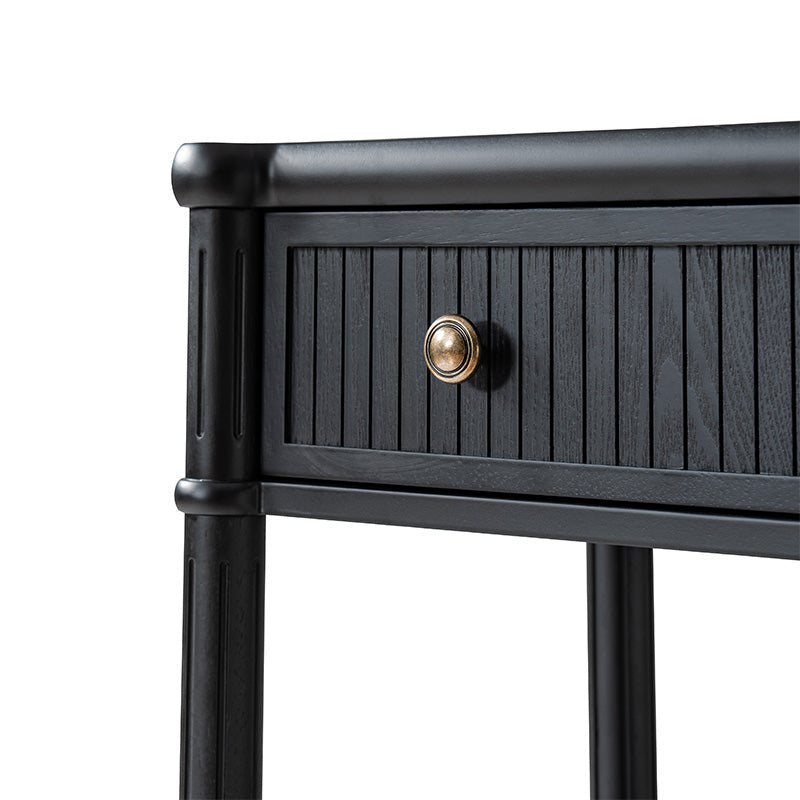 Table de chevet et d'appoint à tiroirs cannelés avec prises USB/Type-C intégrées et pieds en bois massif tournés | Noyer / Noir / Marron | 1 tiroir ou 3 tiroirs