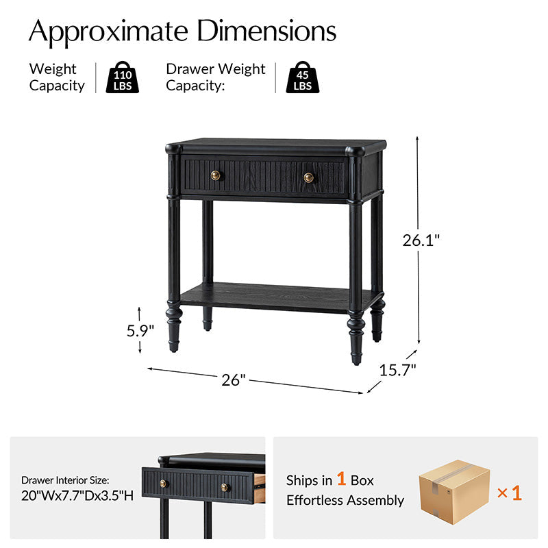 Table de chevet et d'appoint à tiroirs cannelés avec prises USB/Type-C intégrées et pieds en bois massif tournés | Noyer / Noir / Marron | 1 tiroir ou 3 tiroirs