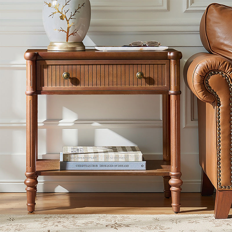 Table de chevet et d'appoint à tiroirs cannelés avec prises USB/Type-C intégrées et pieds en bois massif tournés | Noyer / Noir / Marron | 1 tiroir ou 3 tiroirs