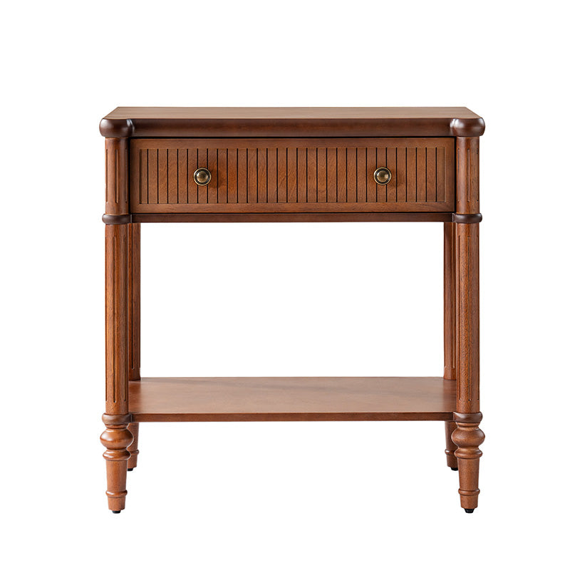 Table de chevet et d'appoint à tiroirs cannelés avec prises USB/Type-C intégrées et pieds en bois massif tournés | Noyer / Noir / Marron | 1 tiroir ou 3 tiroirs