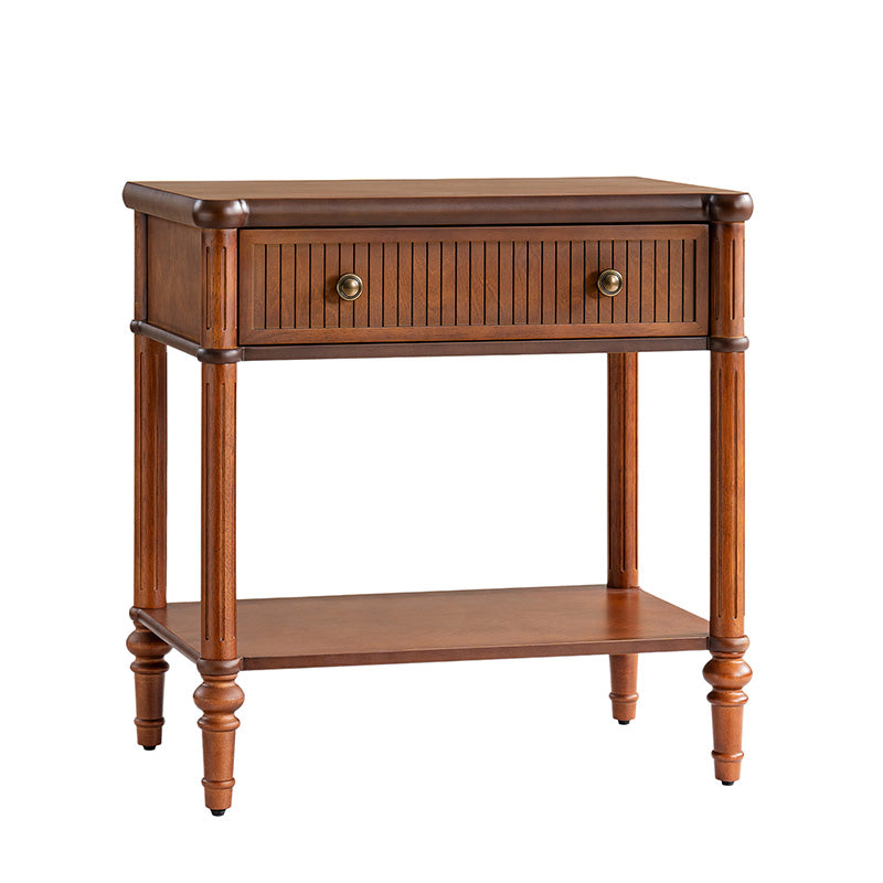 Table de chevet et d'appoint à tiroirs cannelés avec prises USB/Type-C intégrées et pieds en bois massif tournés | Noyer / Noir / Marron | 1 tiroir ou 3 tiroirs