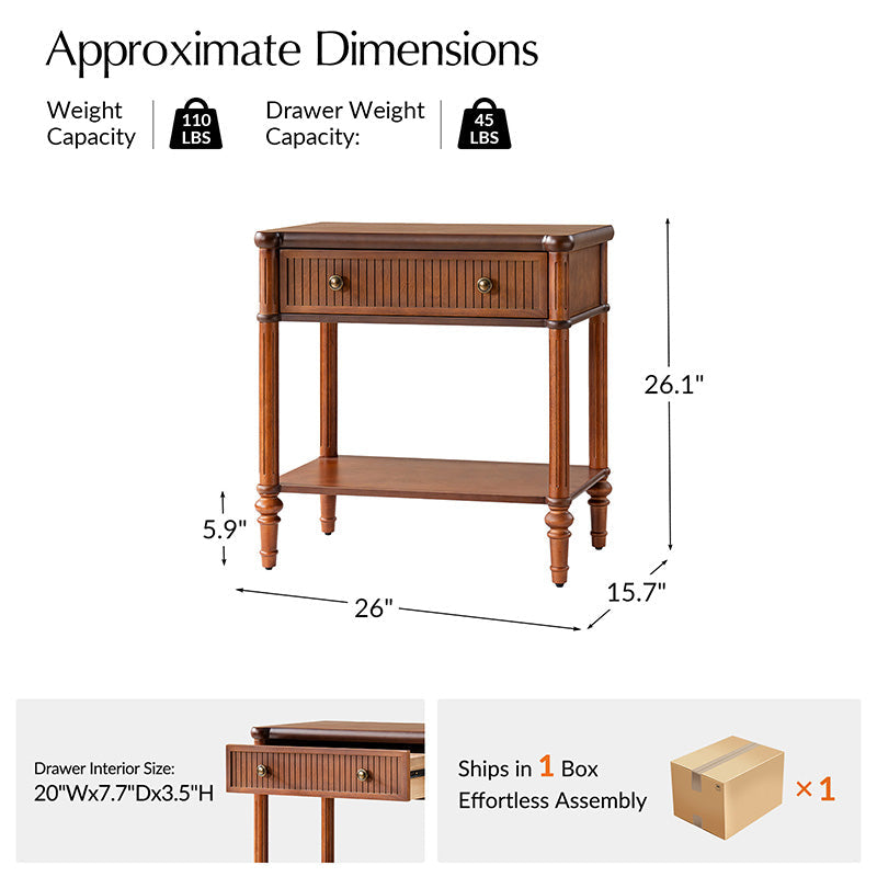 Table de chevet et d'appoint à tiroirs cannelés avec prises USB/Type-C intégrées et pieds en bois massif tournés | Noyer / Noir / Marron | 1 tiroir ou 3 tiroirs
