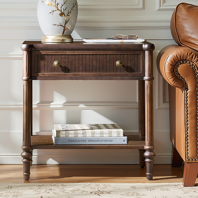 Table de chevet et d'appoint à tiroirs cannelés avec prises USB/Type-C intégrées et pieds en bois massif tournés | Noyer / Noir / Marron | 1 tiroir ou 3 tiroirs