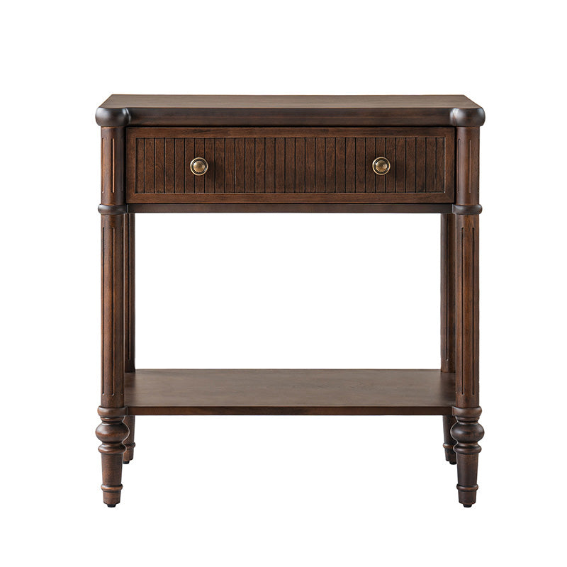 Table de chevet et d'appoint à tiroirs cannelés avec prises USB/Type-C intégrées et pieds en bois massif tournés | Noyer / Noir / Marron | 1 tiroir ou 3 tiroirs
