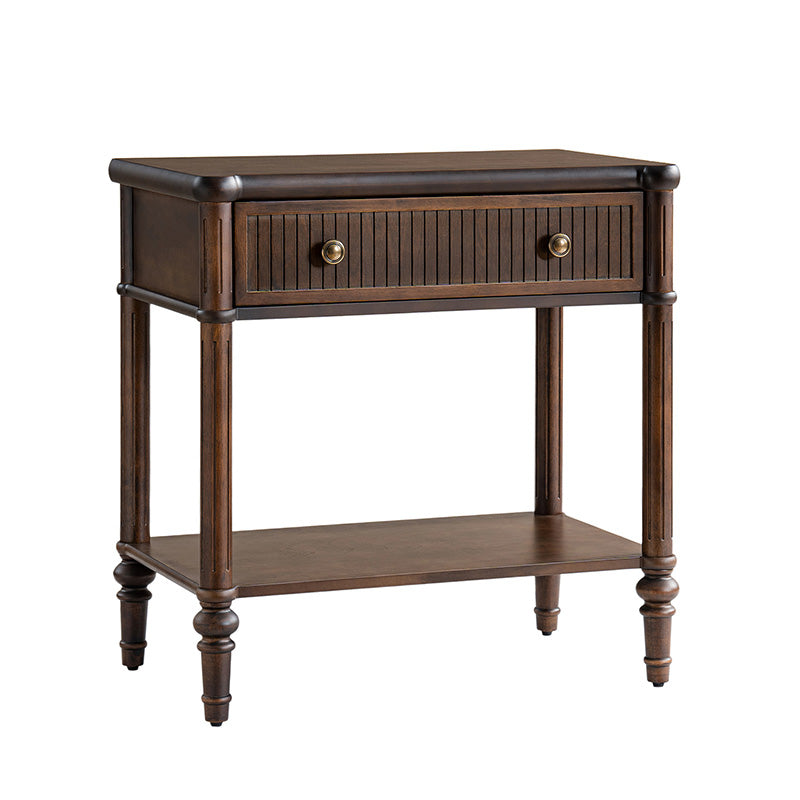 Table de chevet et d'appoint à tiroirs cannelés avec prises USB/Type-C intégrées et pieds en bois massif tournés | Noyer / Noir / Marron | 1 tiroir ou 3 tiroirs