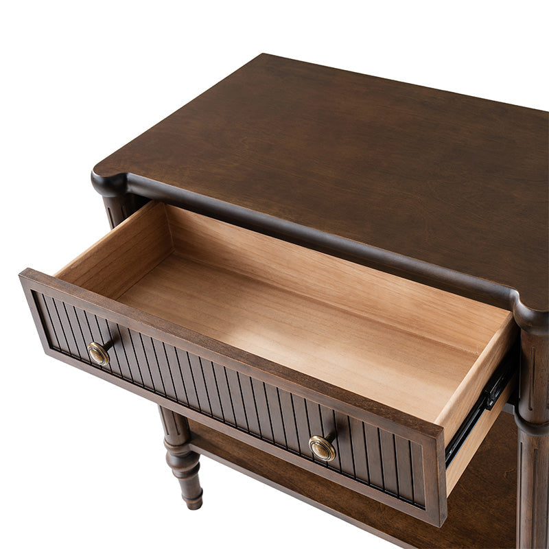 Table de chevet et d'appoint à tiroirs cannelés avec prises USB/Type-C intégrées et pieds en bois massif tournés | Noyer / Noir / Marron | 1 tiroir ou 3 tiroirs