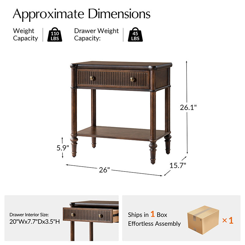 Table de chevet et d'appoint à tiroirs cannelés avec prises USB/Type-C intégrées et pieds en bois massif tournés | Noyer / Noir / Marron | 1 tiroir ou 3 tiroirs