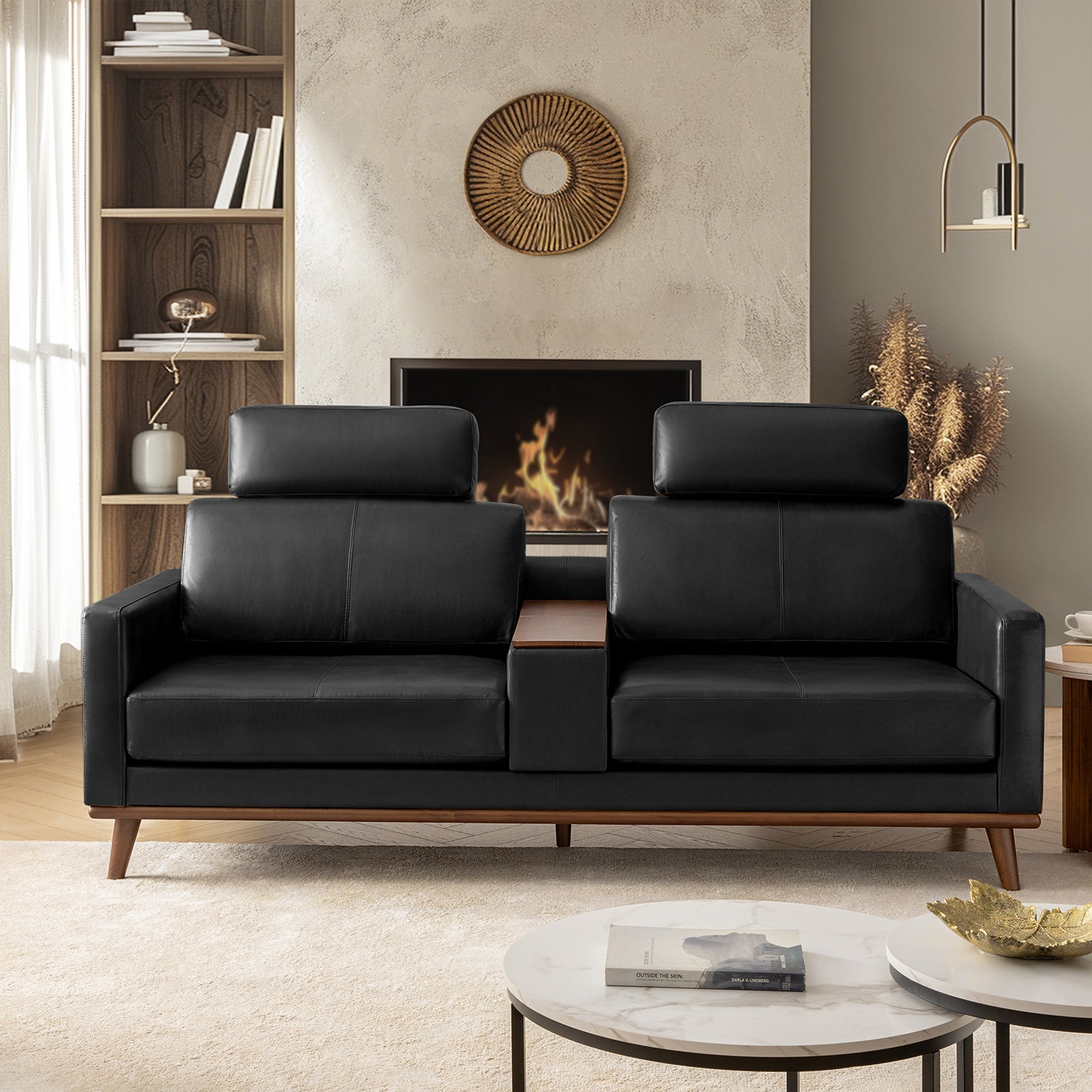 Canapé en cuir véritable avec appui-tête amovible, pouf de rangement mobile, ports USB intégrés et pieds en bois d'hévéa | Camel / Noir | 2 places