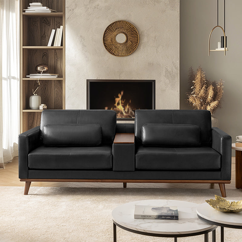 Canapé en cuir véritable avec appui-tête amovible, pouf de rangement mobile, ports USB intégrés et pieds en bois d'hévéa | Camel / Noir | 2 places