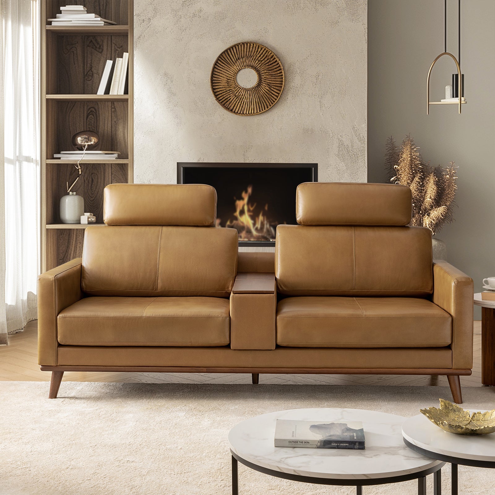 Canapé en cuir véritable avec appui-tête amovible, pouf de rangement mobile, ports USB intégrés et pieds en bois d'hévéa | Camel / Noir | 2 places